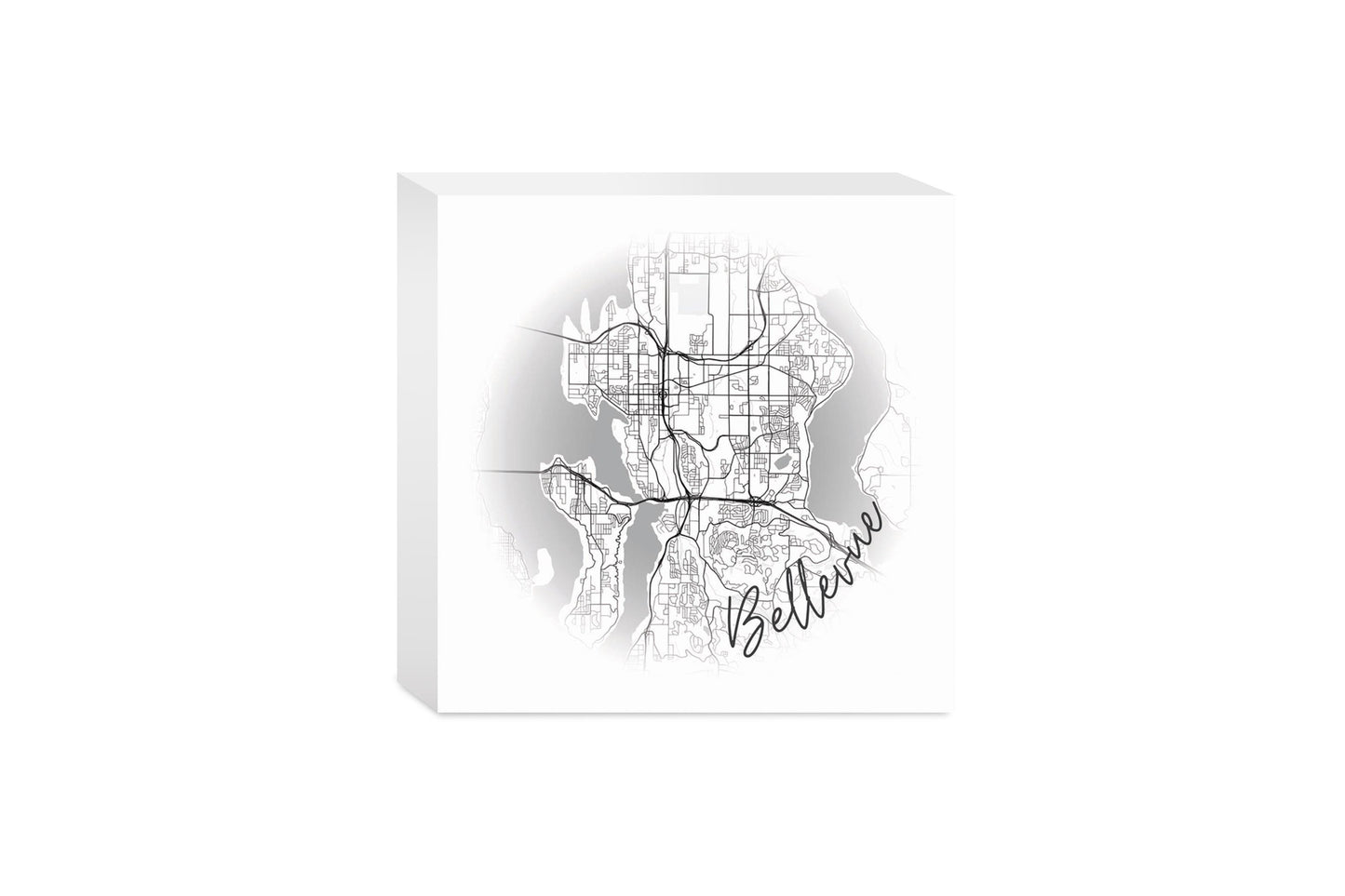 Minimalistic B&W Washington Bellevue Circle Map | Wood Block | Eaches | Min 4