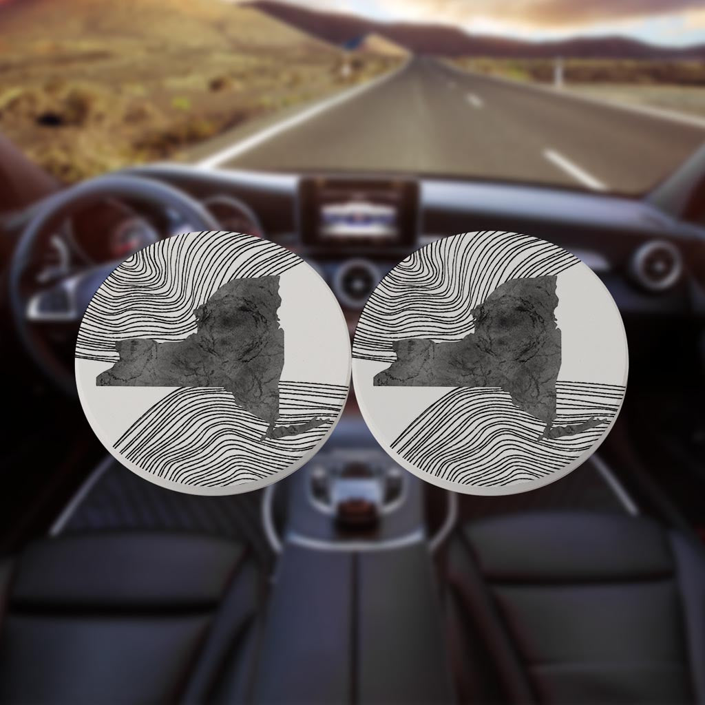 Minimalistic B&W New York State With Fluid Lines | Absorbent Car Coasters | Set of 2 | Min 4