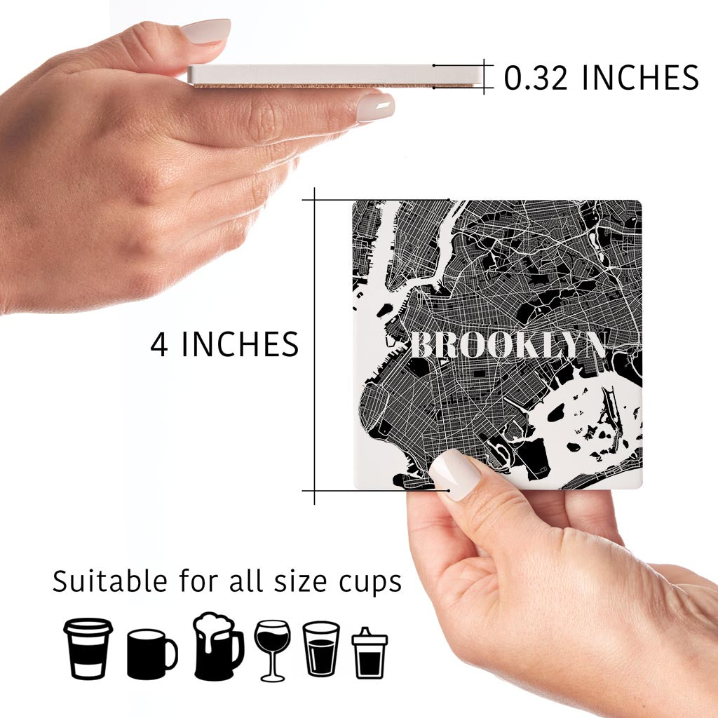 Minimalistic B&W New York Brooklyn Maps | Absorbent Coasters | Set of 4 | Min 2