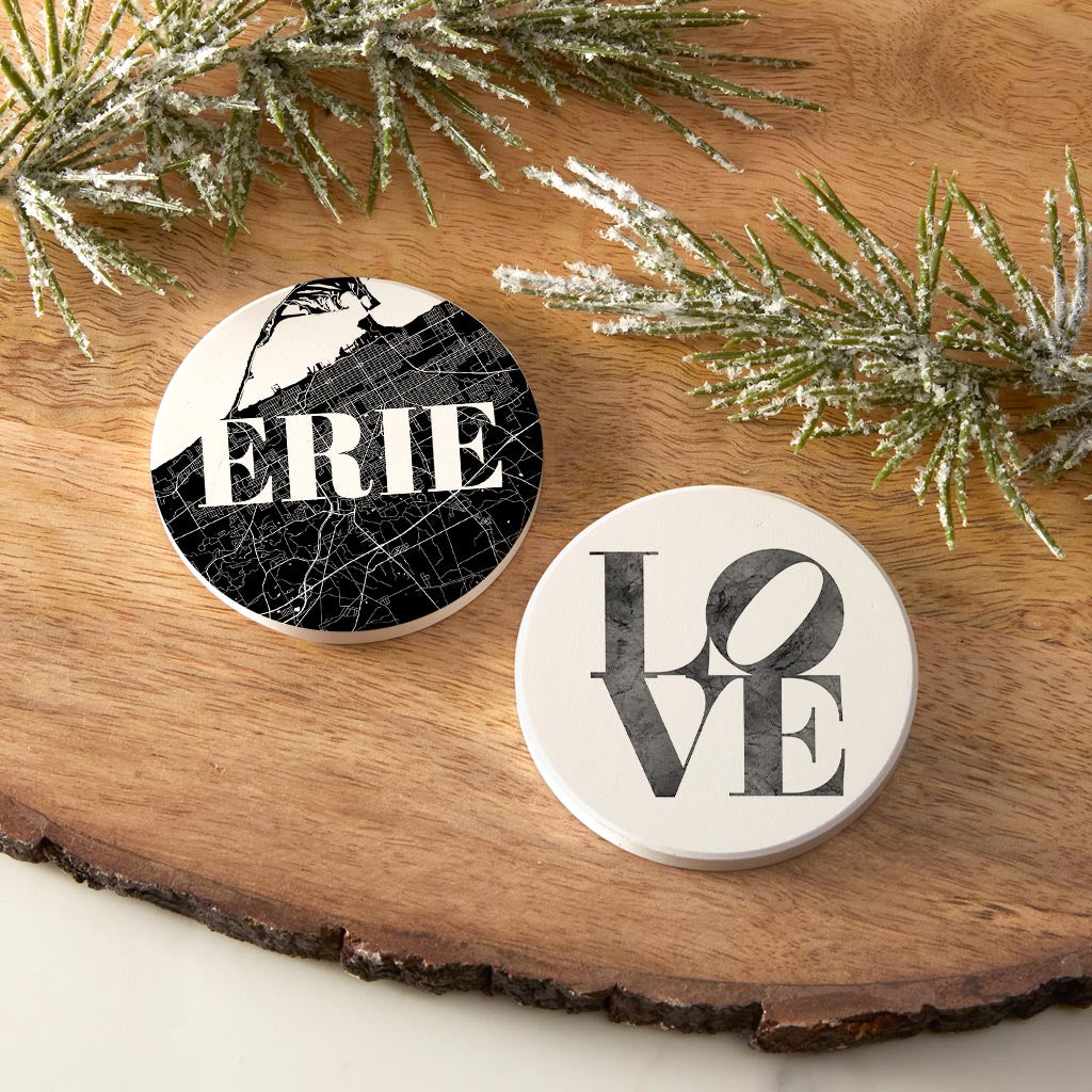 Minimalistic B&W Pennsylvania Erie Map Love| Absorbent Car Coasters | Set of 2 | Min 4