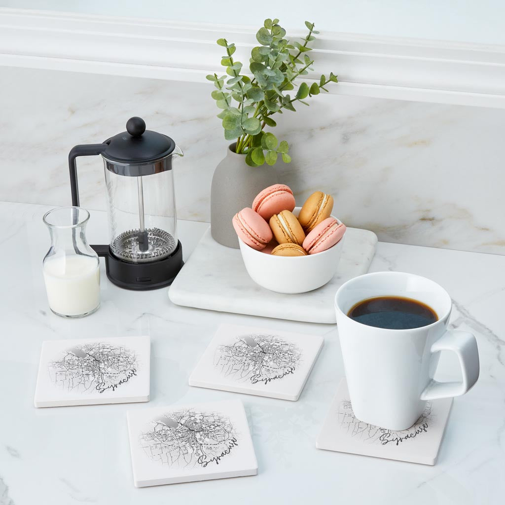 Minimalistic B&W New York Syracuse Faded Circle Map | Absorbent Coasters | Set of 4 | Min 2