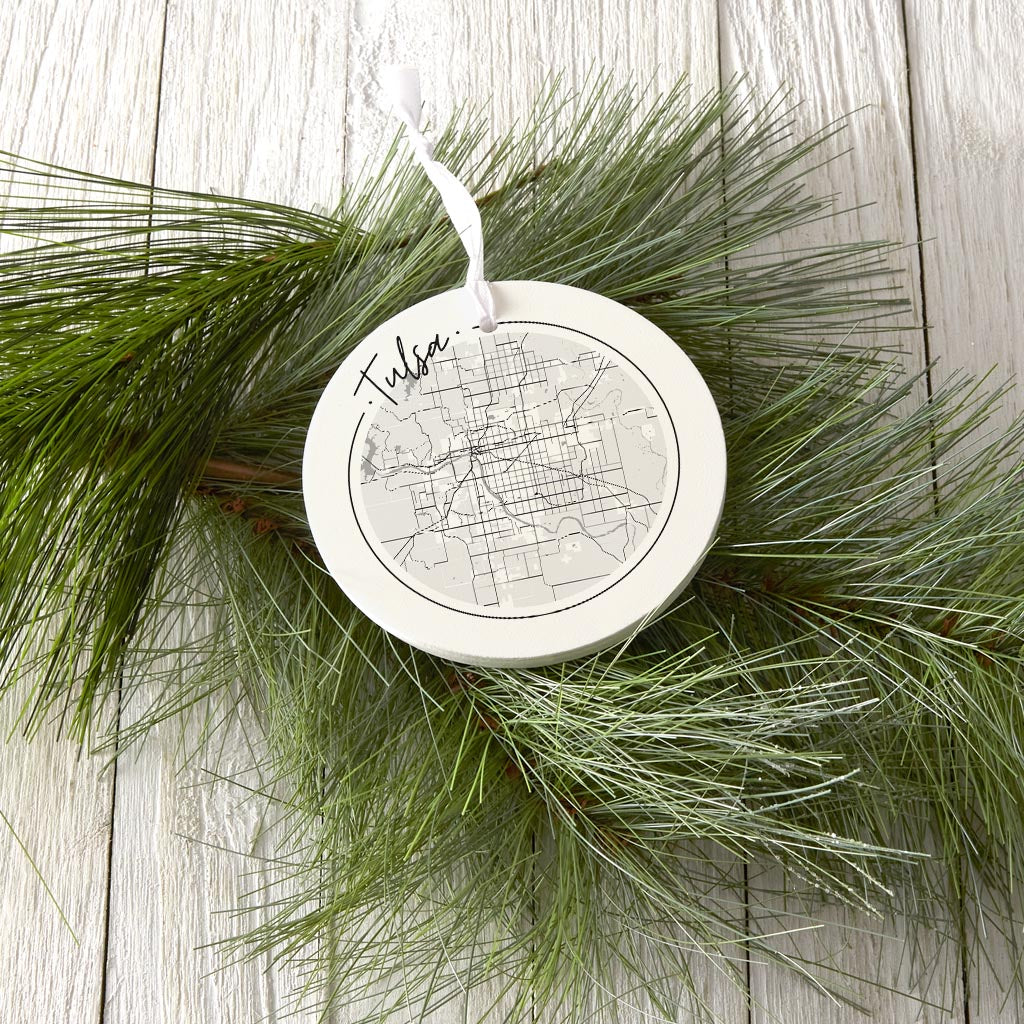 Modern Oklahoma Tulsa Circle Map | Wood Ornament | Eaches | Min 6