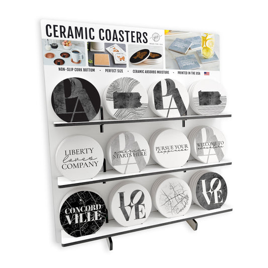 Minimalistic B&W Pennsylvania Concordville Circle Ceramic Coaster Loaded Display POP Min of 1
