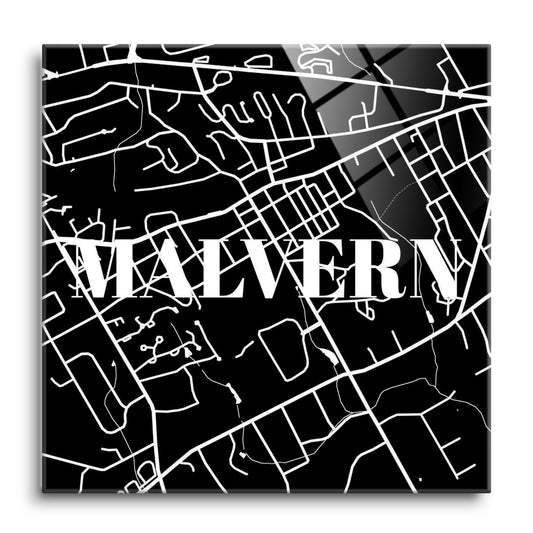 Minimalistic B&W Pennsylvania Malvern Map | Hi-Def Glass Art | Eaches | Min 1