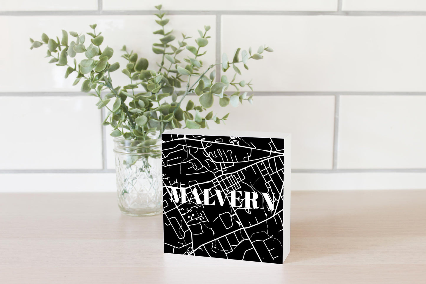 Minimalistic B&W Pennsylvania Malvern Map | Wood Block | Eaches | Min 4