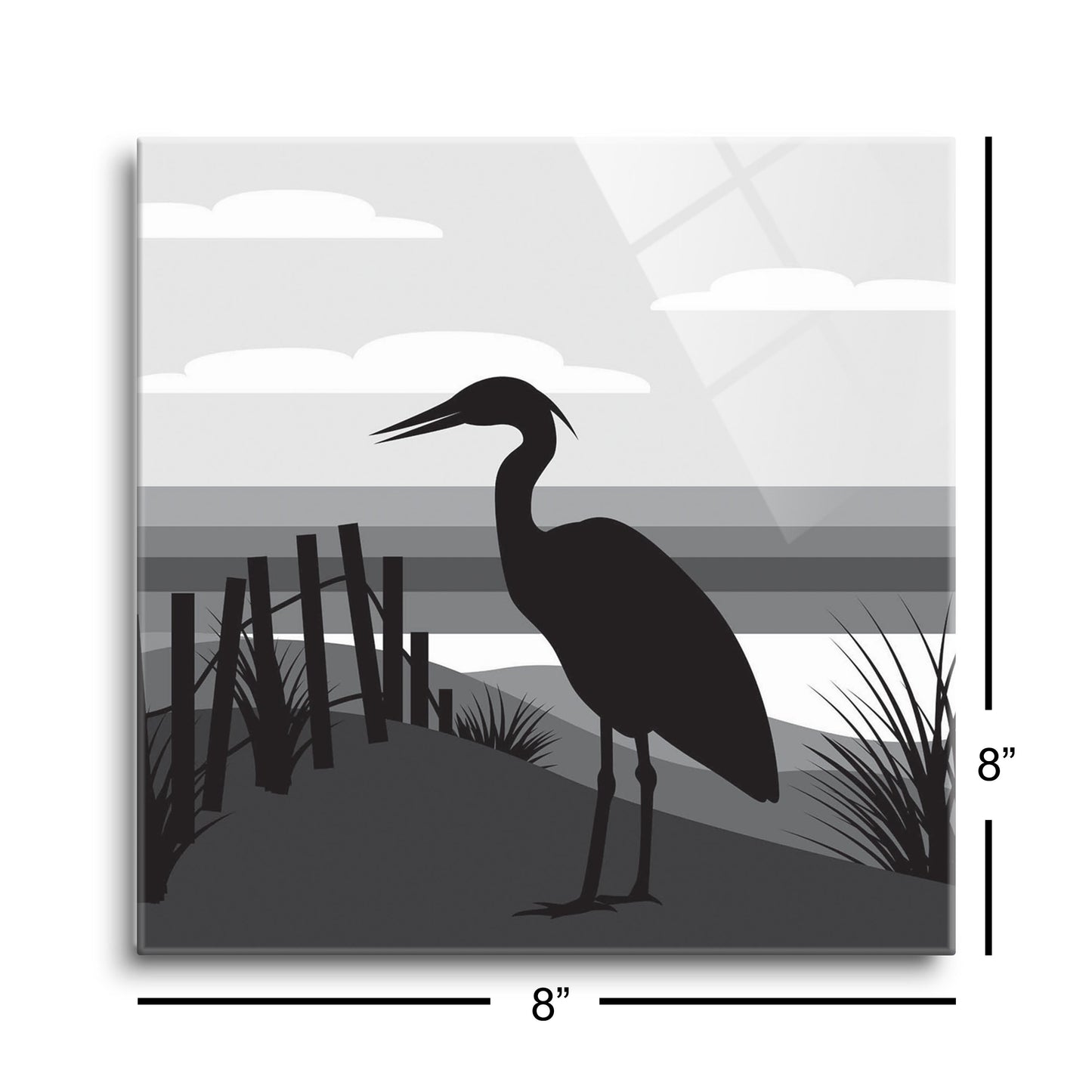 Minimalistic B&W Cape Cod Heron Illustration | Hi-Def Glass Art | Eaches | Min 2
