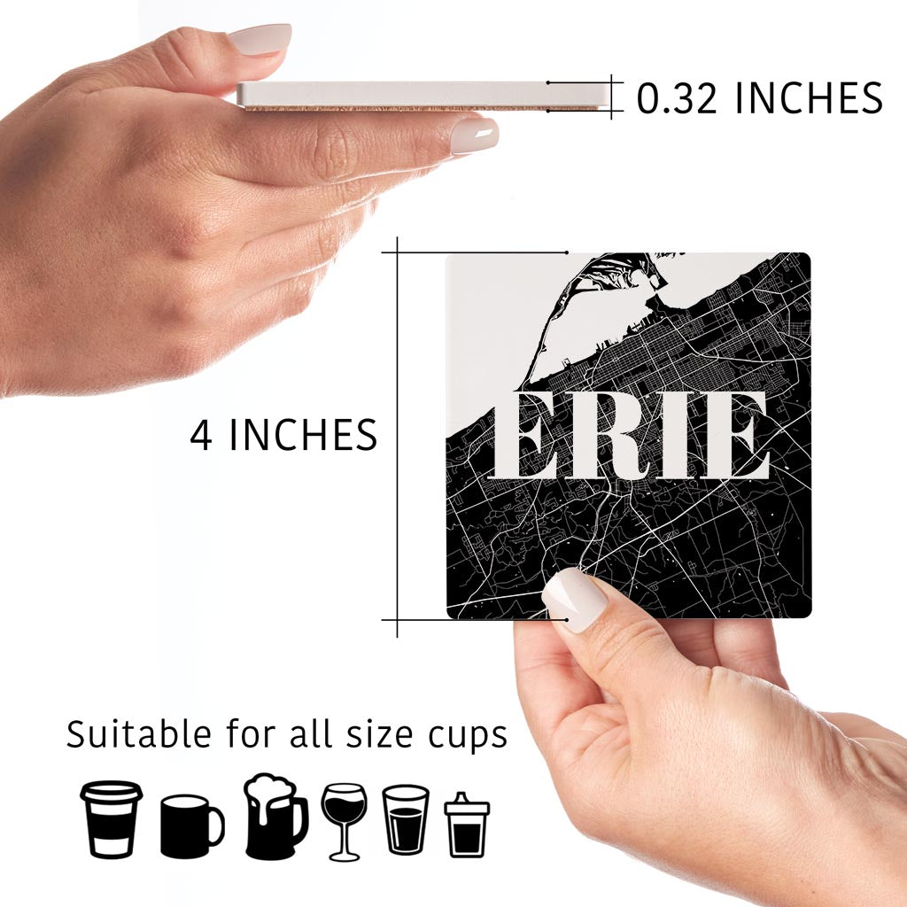 Minimalistic B&W Pennsylvania Erie Map | Absorbent Coasters | Set of 4 | Min 2