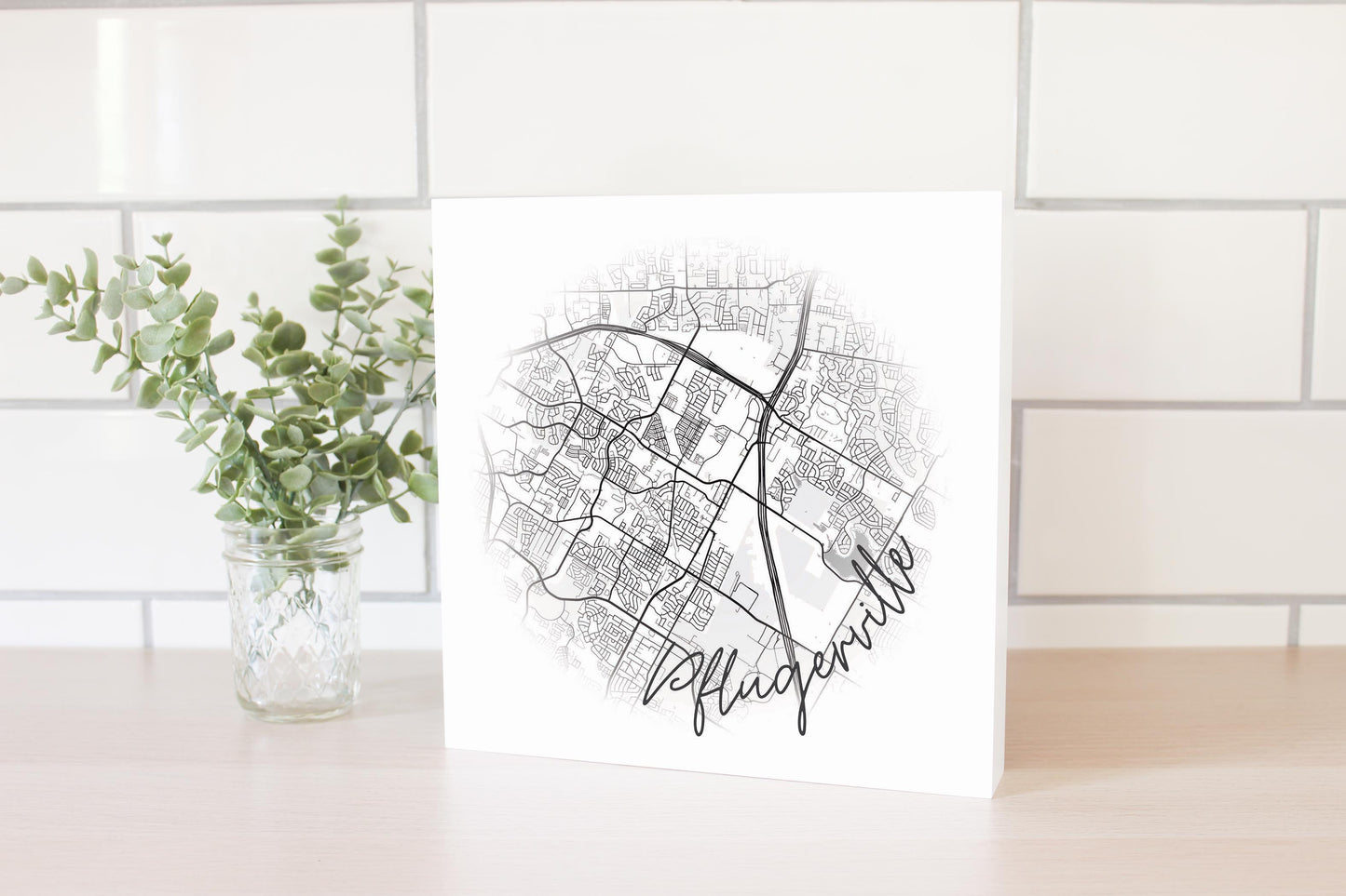 Minimalistic B&W Texas Pflugerville Circle Map | Wood Block | Eaches | Min 2