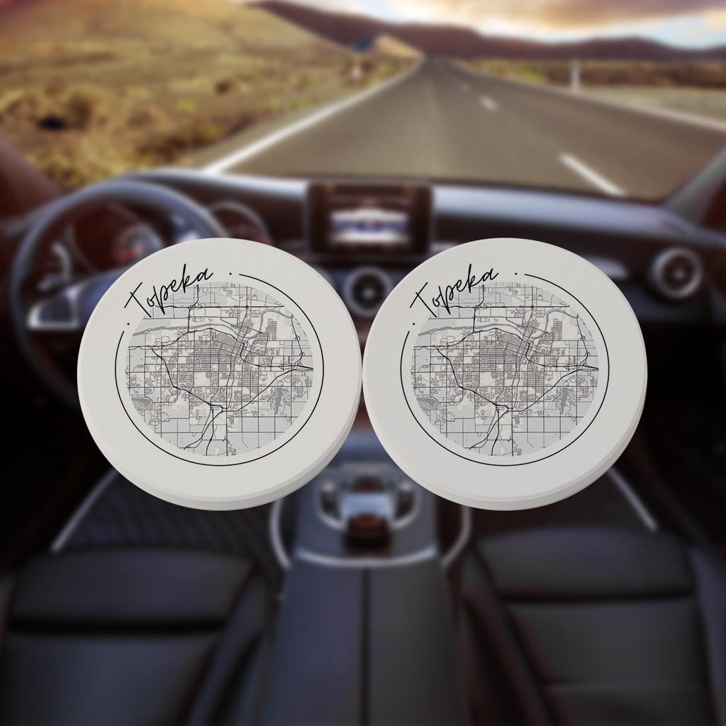 Minimalist B&W Kansas Topeka Circle Map| Absorbent Car Coasters | Set of 2 | Min 4
