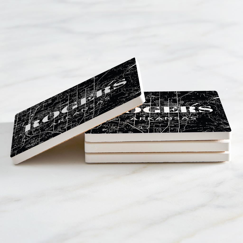 Minimalist B&W Arkansas Rogers Map State | Absorbent Coasters | Set of 4 | Min 2