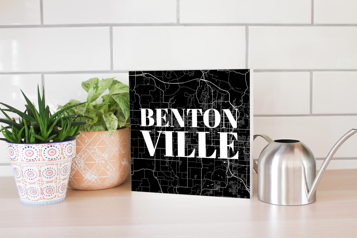 Minimalist B&W Arkansas Bentonville Map | Wood Block | Eaches | Min 2