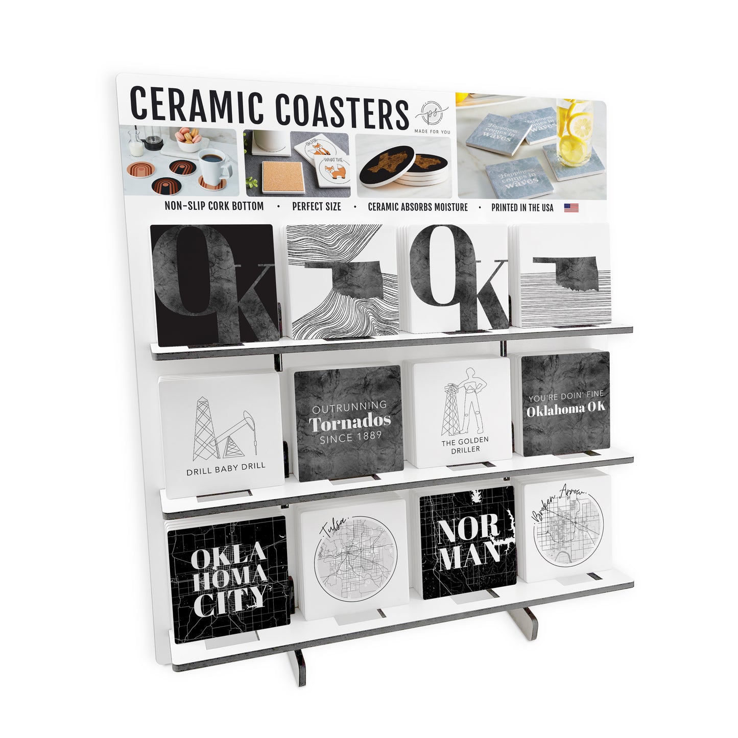 Modern Black & White Oklahoma Square Ceramic Coaster Bundle