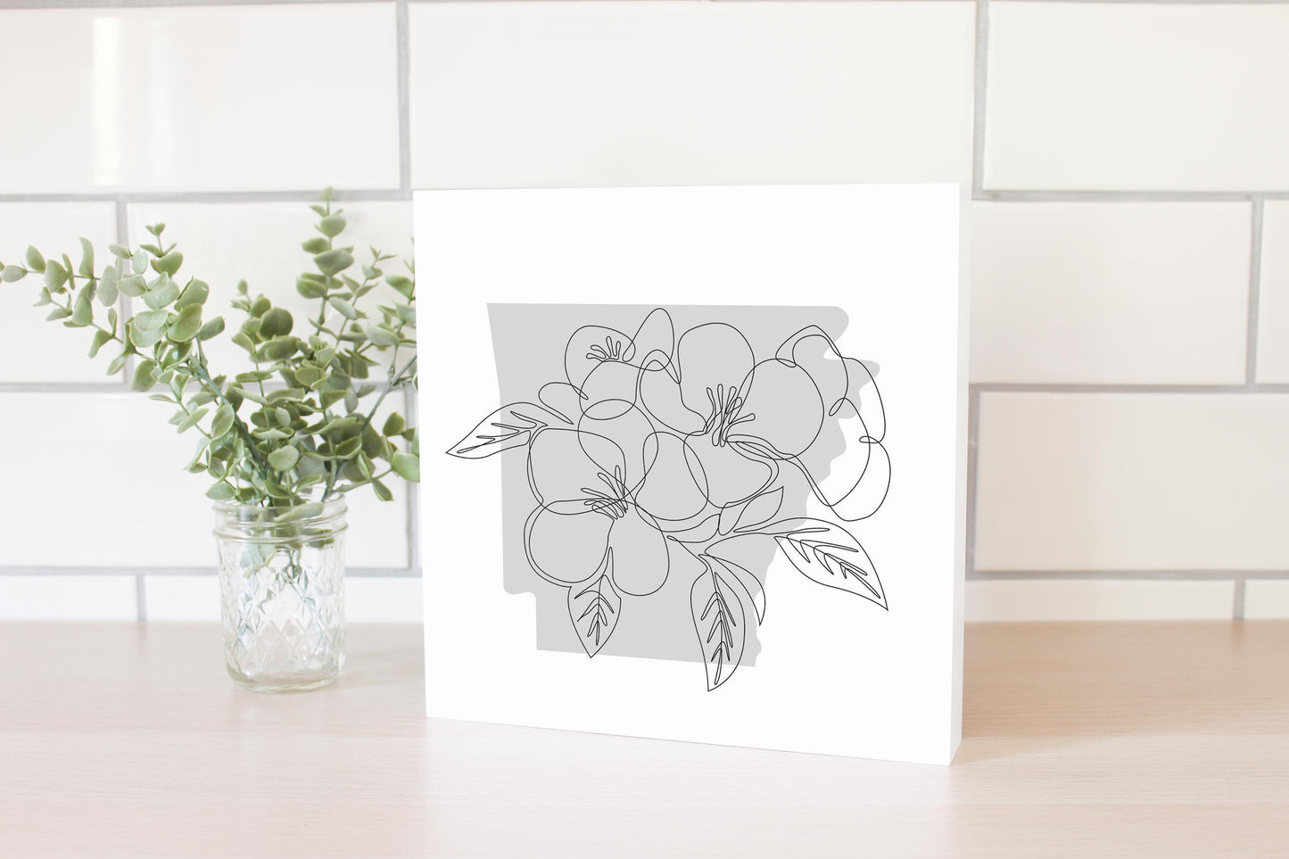 B&W Minimalist Arkansas Single Line Apple Blossoms | Wood Block | Eaches | Min 2