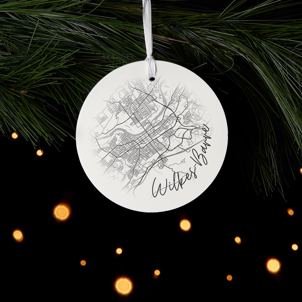 Minimalistic B&W Pennsylvania Wilkes Barre Circle Map| Wood Ornament | Eaches | Min 6