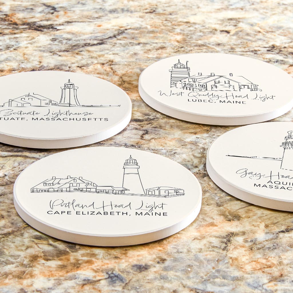New England Lighthouses Cream Colored | Absorbent Coasters | Set of 4 | Min 2
