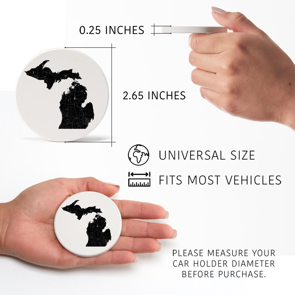 Minimalistic B&W Michigan Map Petoskey Star| Absorbent Car Coasters | Set of 2 | Min 4