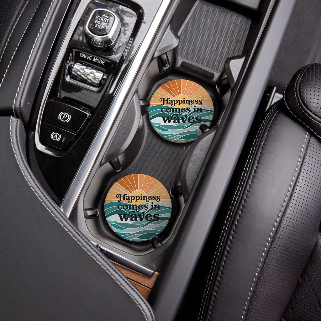 Happiness Comes In Waves | Absorbent Car Coasters | Set of 2 | Min 4