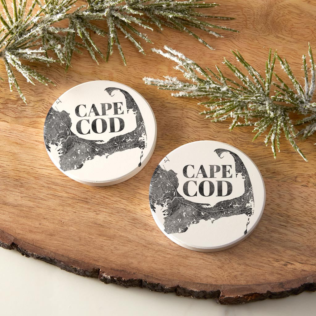 Minimalistic B&W Cape Cod Map | Absorbent Car Coasters | Set of 2 | Min 4