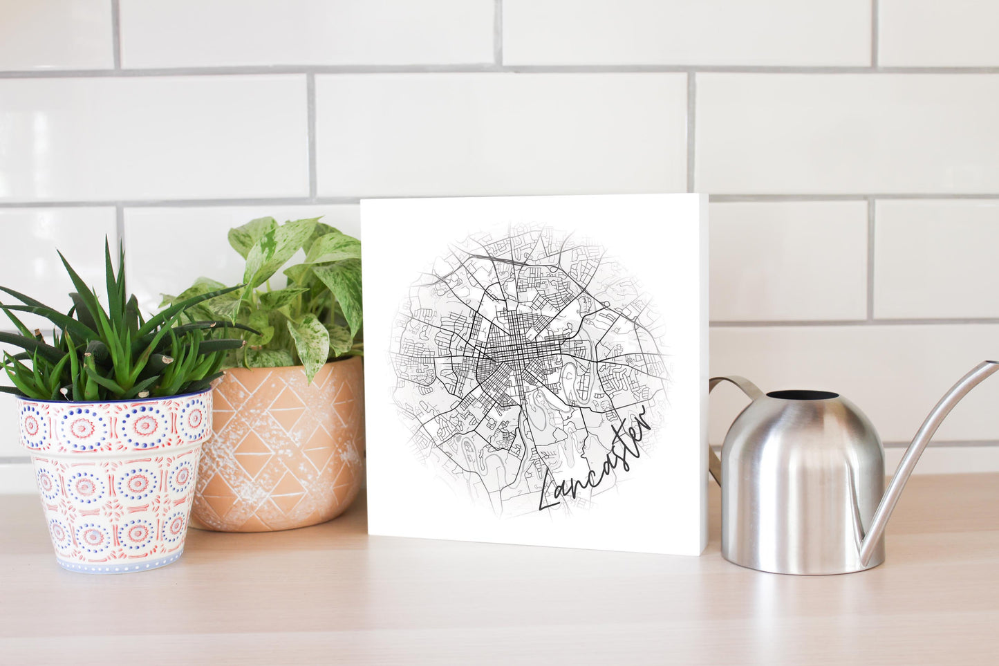 Minimalistic B&W Pennsylvania Lancaster Circle Map | Wood Block | Eaches | Min 2
