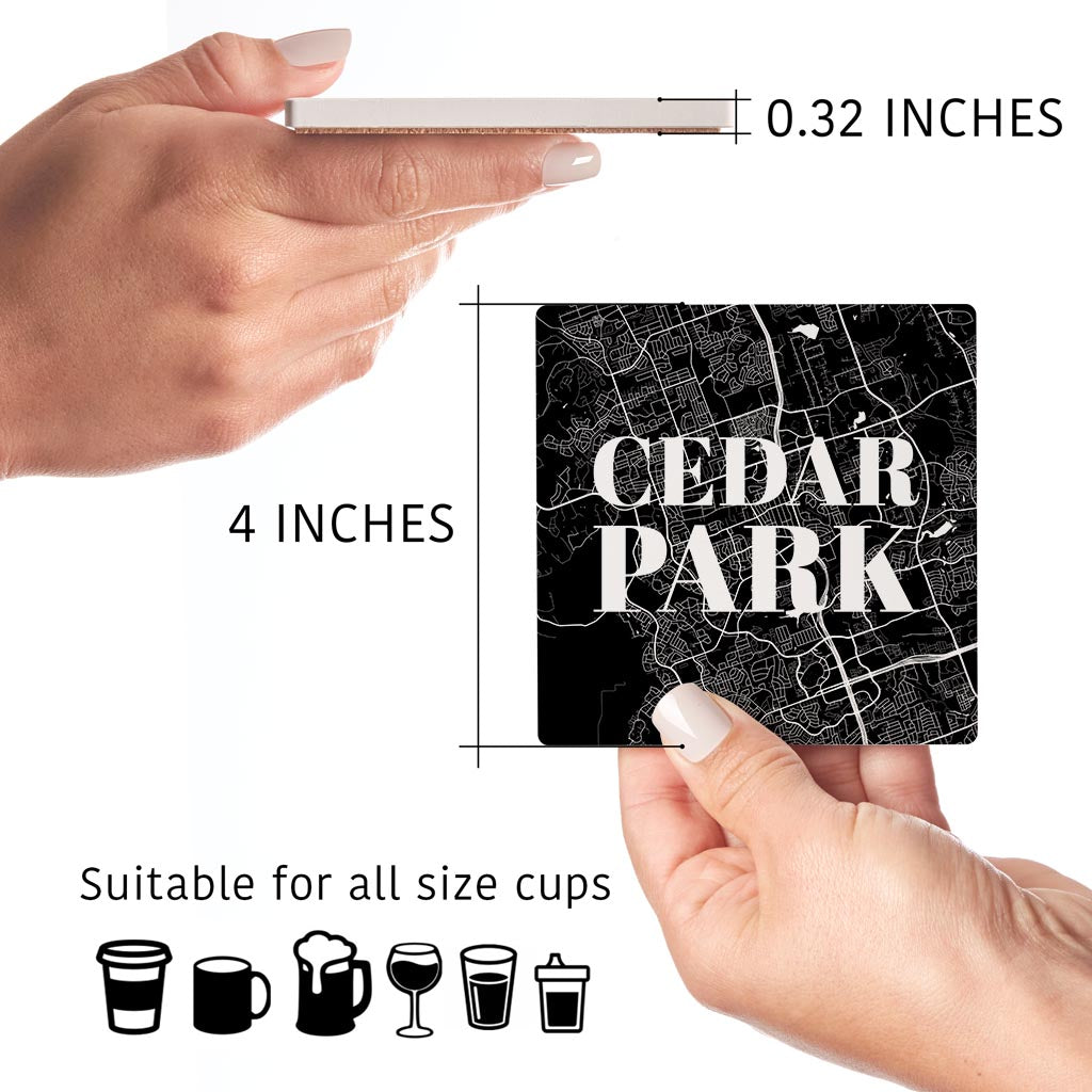 Minimalistic B&W Texas Cedar Park Map | Absorbent Coasters | Set of 4 | Min 2