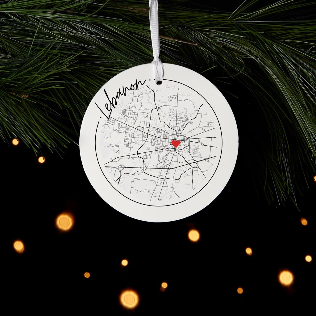 Minimalist B&W Tennessee Lebanon Circle Map Heart | Wood Ornament | Eaches | Min 6