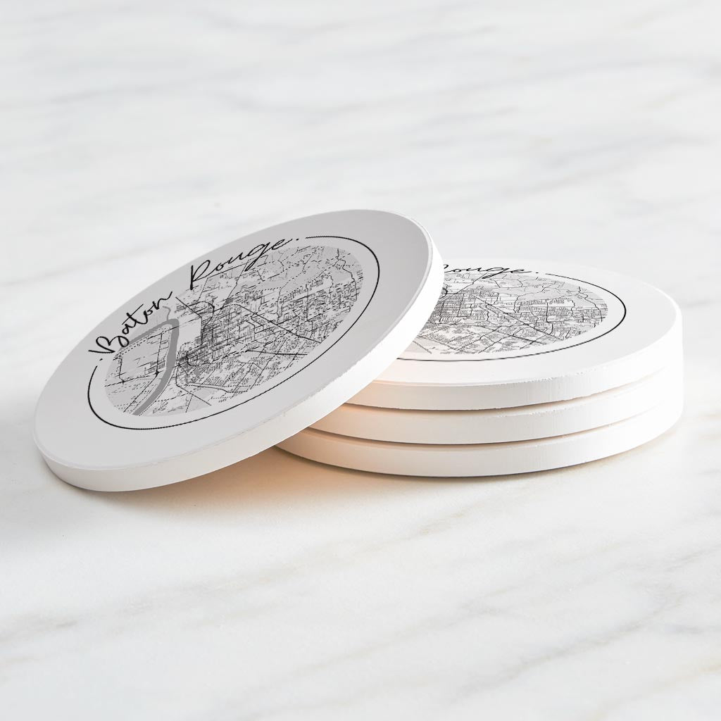 Minimalist B&W Louisiana Baton Rouge Circle Map | Absorbent Coasters | Set of 4 | Min 2