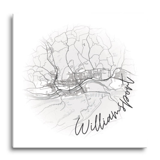 Minimalistic B&W Pennsylvania Williamsport Circle Map | Hi-Def Glass Art | Eaches | Min 1