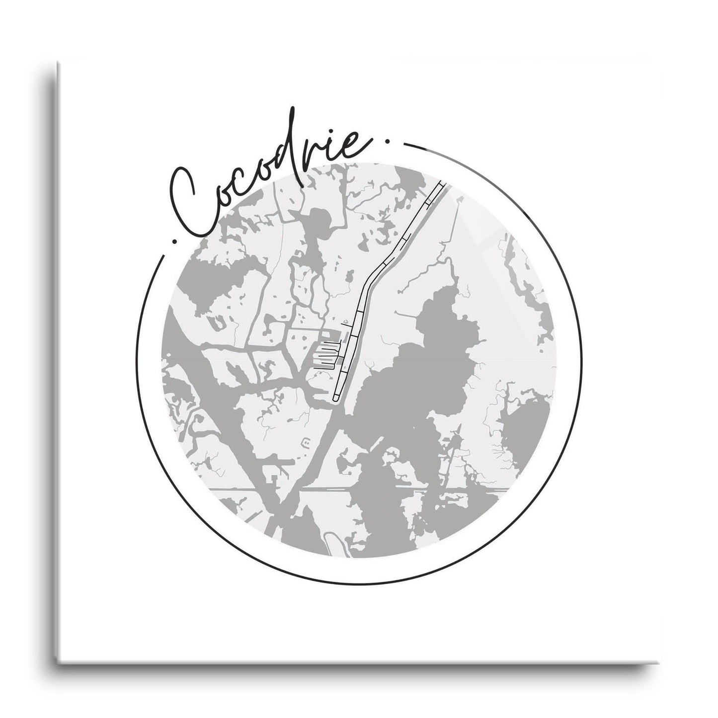 Minimalist B&W Louisiana Cocodrie Circle Map | Hi-Def Glass Art | Eaches | Min 1