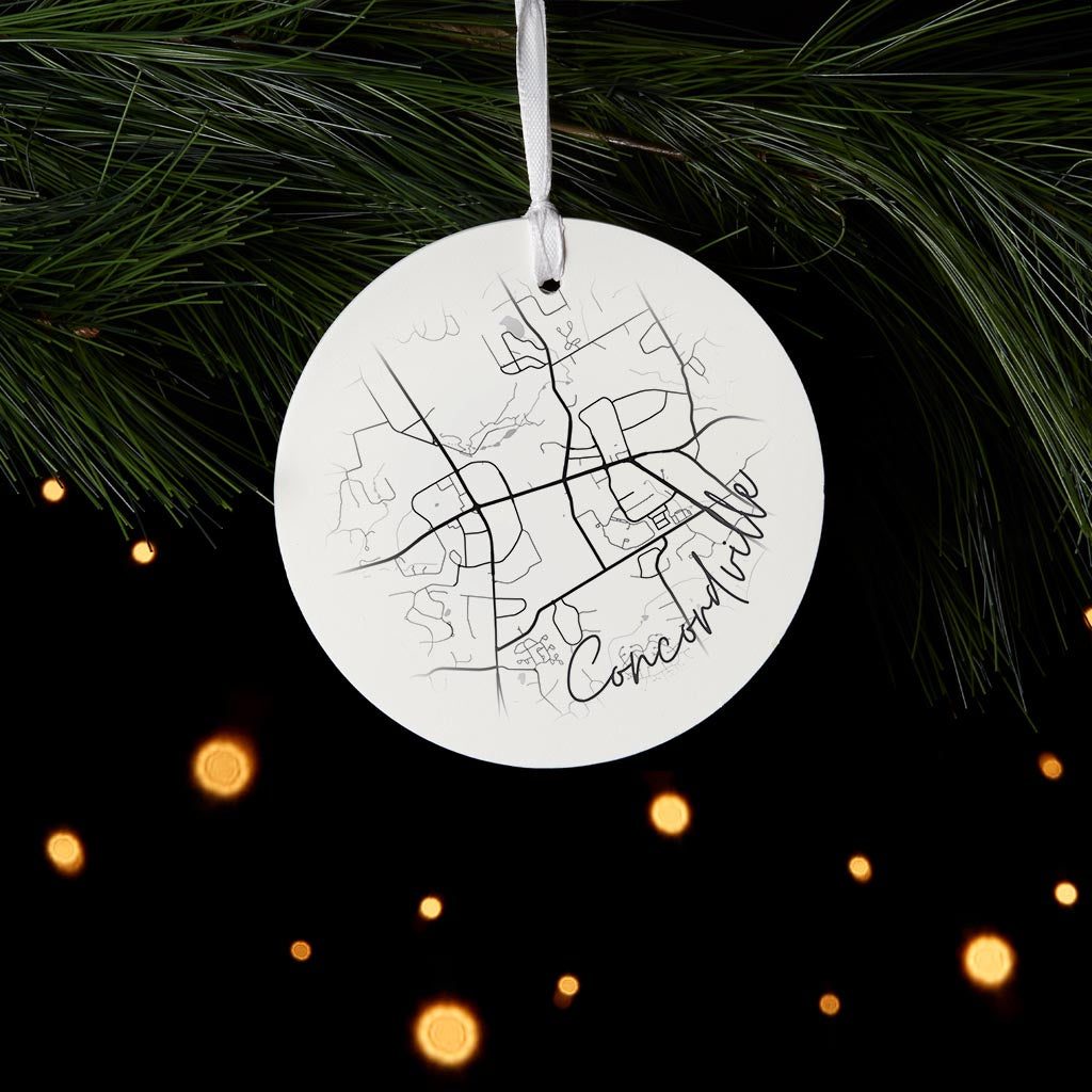 Minimalistic B&W Pennsylvania Concordville Circle Map | Wood Ornament | Eaches | Min 6