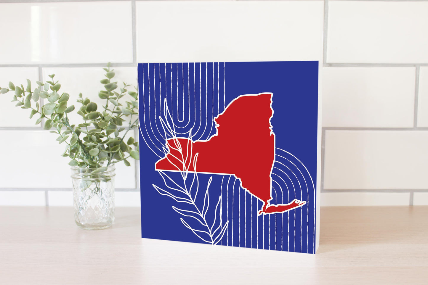Red White And Blue New York State Retro Thin Lines | Wood Block | Eaches | Min 2