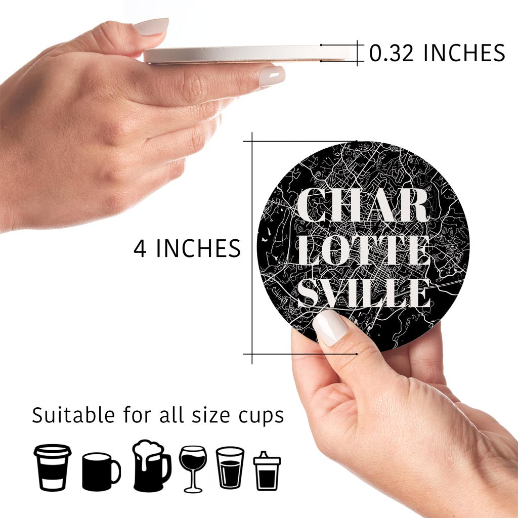 Minimalistic B&W Virginia Charlottesville Maps | Absorbent Coasters | Set of 4 | Min 2