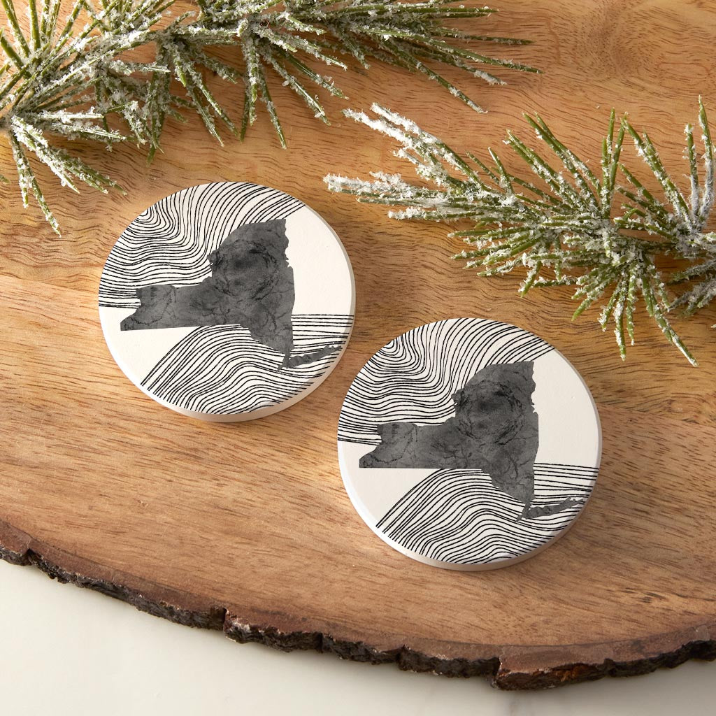 Minimalistic B&W New York State With Fluid Lines | Absorbent Car Coasters | Set of 2 | Min 4