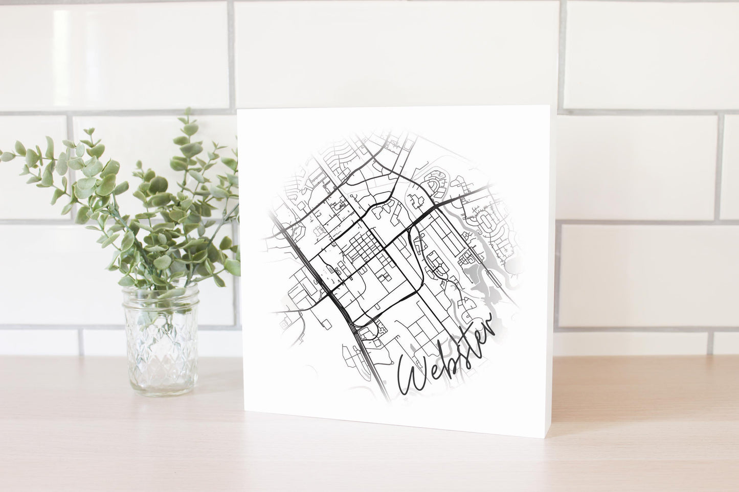 Minimalistic B&W Texas Webster Circle Map | Wood Block | Eaches | Min 2