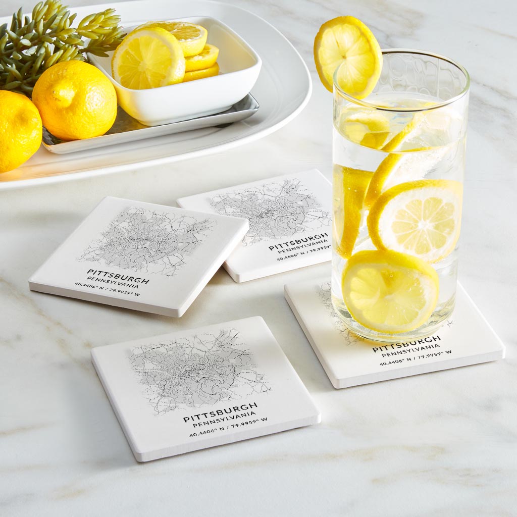 Pittsburgh Pa Minimalistic Map With Coordinates| Absorbent Coasters | Set of 4 | Min 2