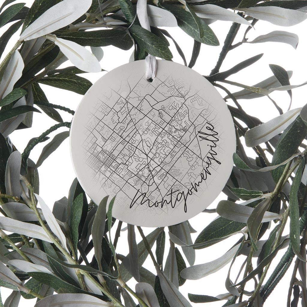Minimalistic B&W Pennsylvania Montgomeryville Circle Map| Wood Ornament | Eaches | Min 6