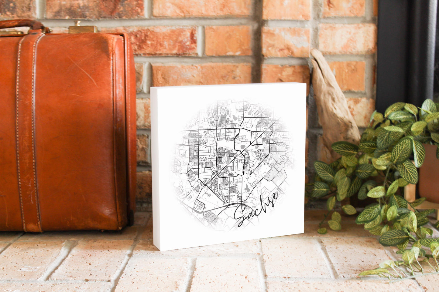 Minimalistic B&W Texas Sachse Circle Map | Wood Block | Eaches | Min 2
