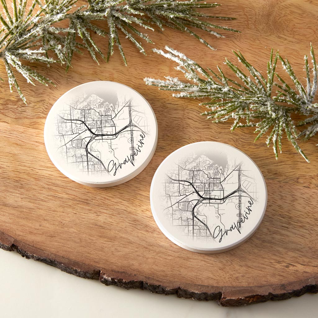 Minimalistic B&W Texas Grapevine Circle Map | Absorbent Car Coasters | Set of 2 | Min 4