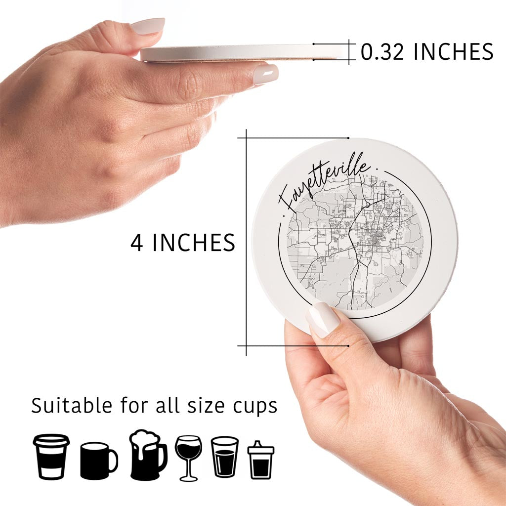 B&W Minimalist Arkansas Fayetteville Circle Map| Absorbent Coasters | Set of 4 | Min 2