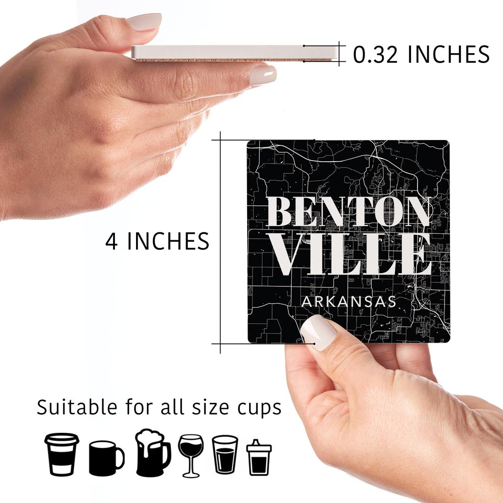 Minimalist B&W Arkansas Bentonville Map State | Absorbent Coasters | Set of 4 | Min 2