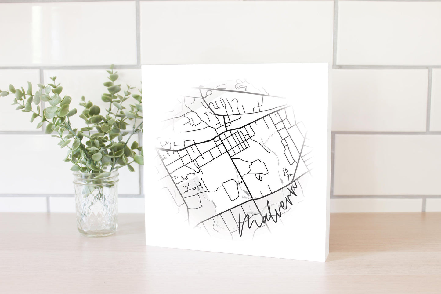 Minimalistic B&W Pennsylvania Malvern Circle Map | Wood Block | Eaches | Min 2