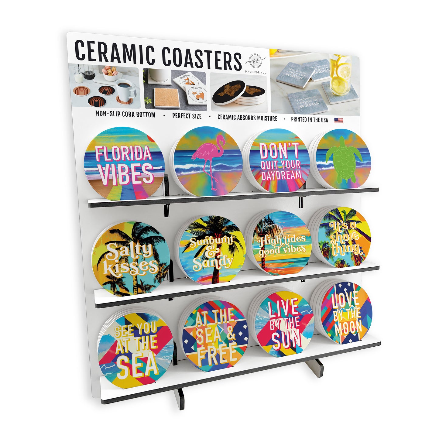 Florida 2 Theme Square Ceramic Coaster Loaded Display POP Min of 1