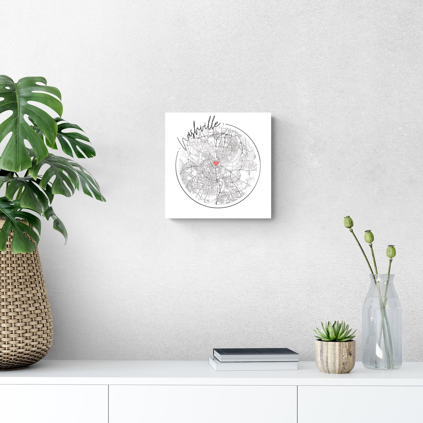 Minimalist B&W Tennessee Nashville Circle Map Heart | Hi-Def Glass Art | Eaches | Min 1