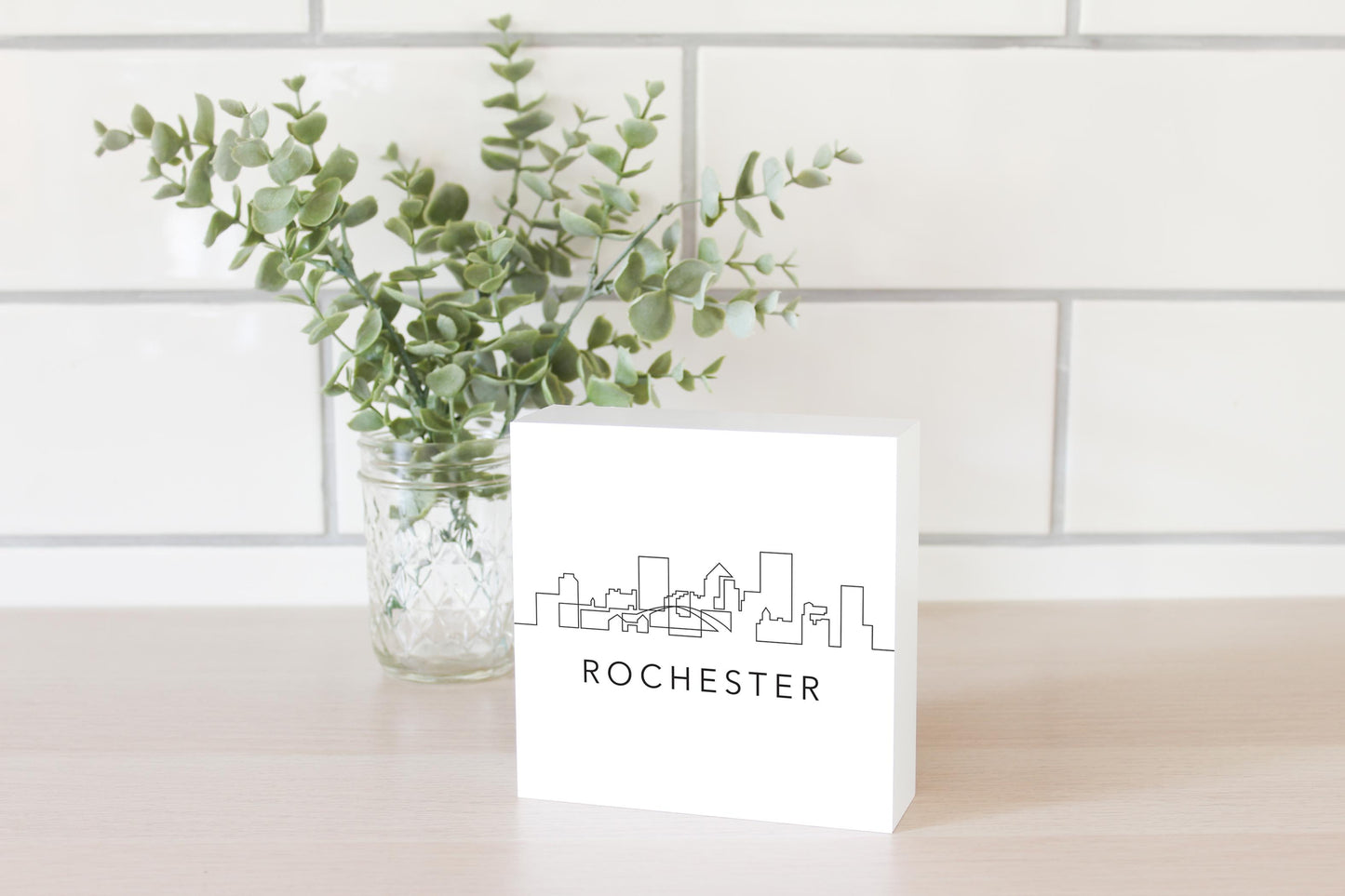 Minimalistic B&W New York Rochester Skyline | Wood Block | Eaches | Min 4
