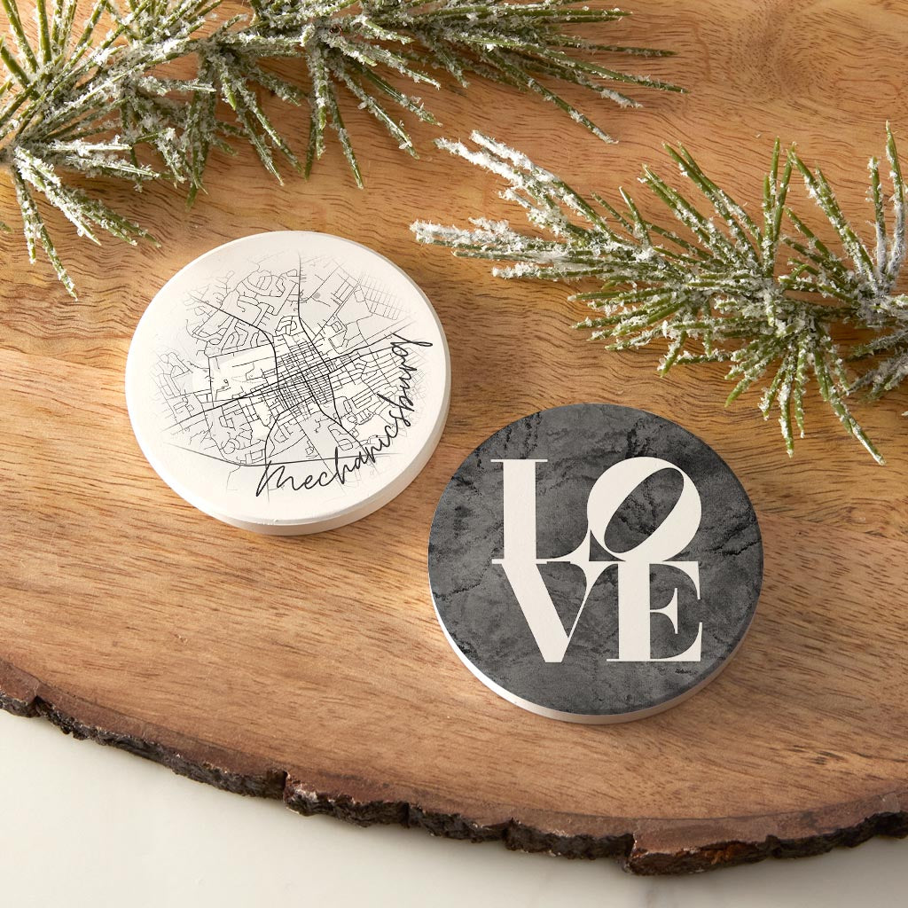 Minimalistic B&W Pennsylvania Mechanicsburg Circle Love| Absorbent Car Coasters | Set of 2 | Min 4