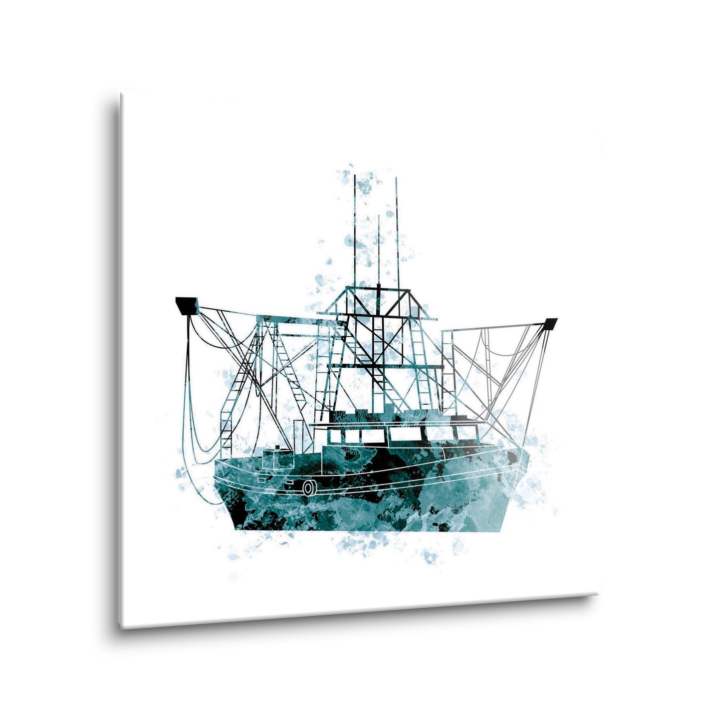 Blue White Water Color Shrimp Boat | Hi-Def Glass Art | Eaches | Min 1
