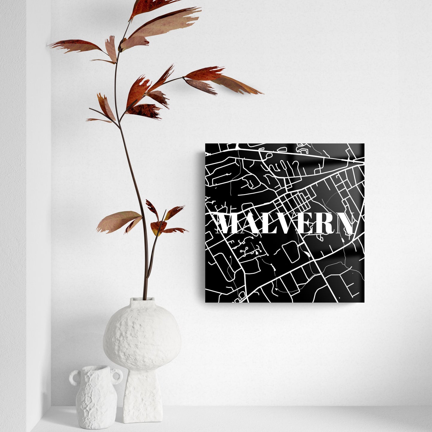 Minimalistic B&W Pennsylvania Malvern Map | Hi-Def Glass Art | Eaches | Min 2