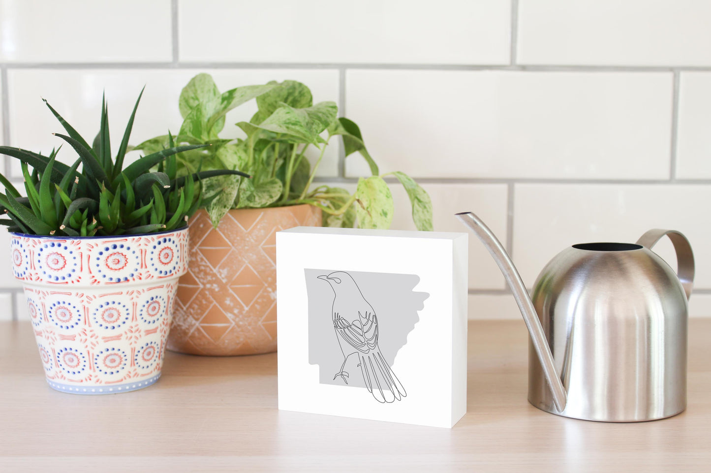 B&W Minimalist Arkansas Single Line Bird | Wood Block | Eaches | Min 4