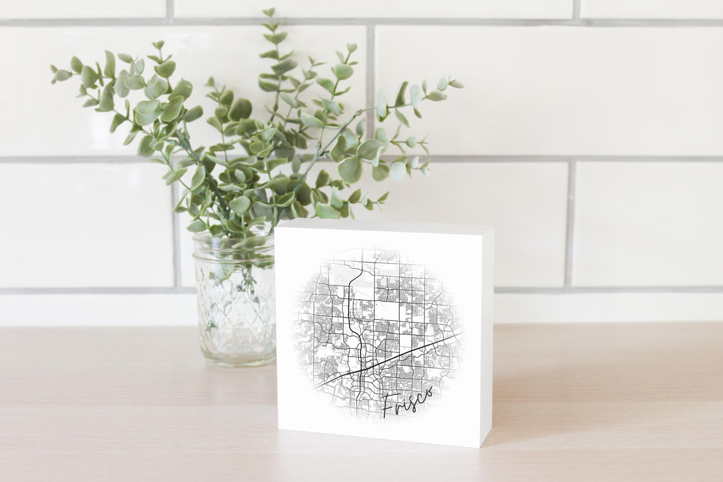 Minimalistic B&W Texas Frisco Circle Map | Wood Block | Eaches | Min 4