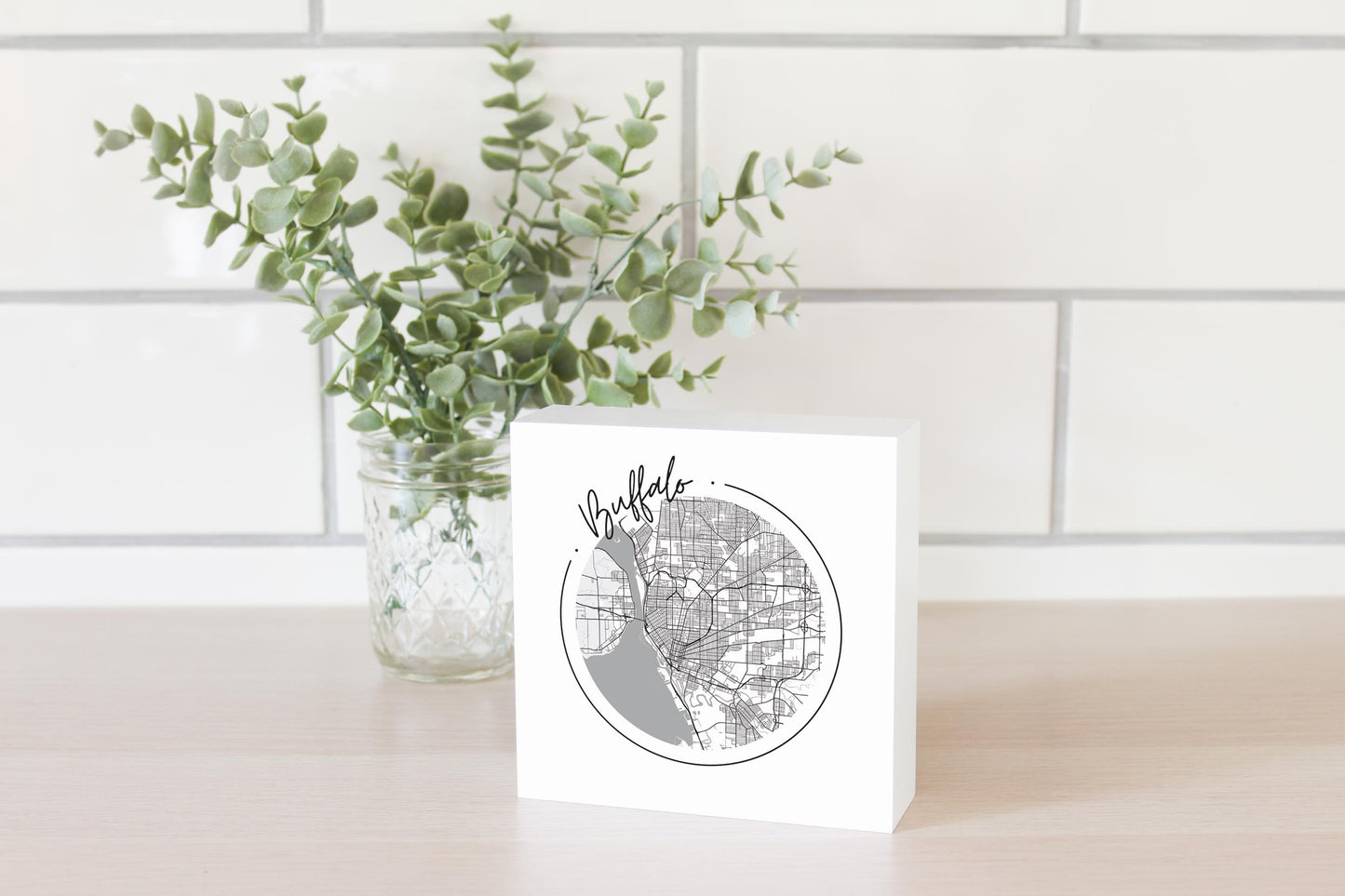 Minimalistic B&W New York Buffalo Circle Map | Wood Block | Eaches | Min 4