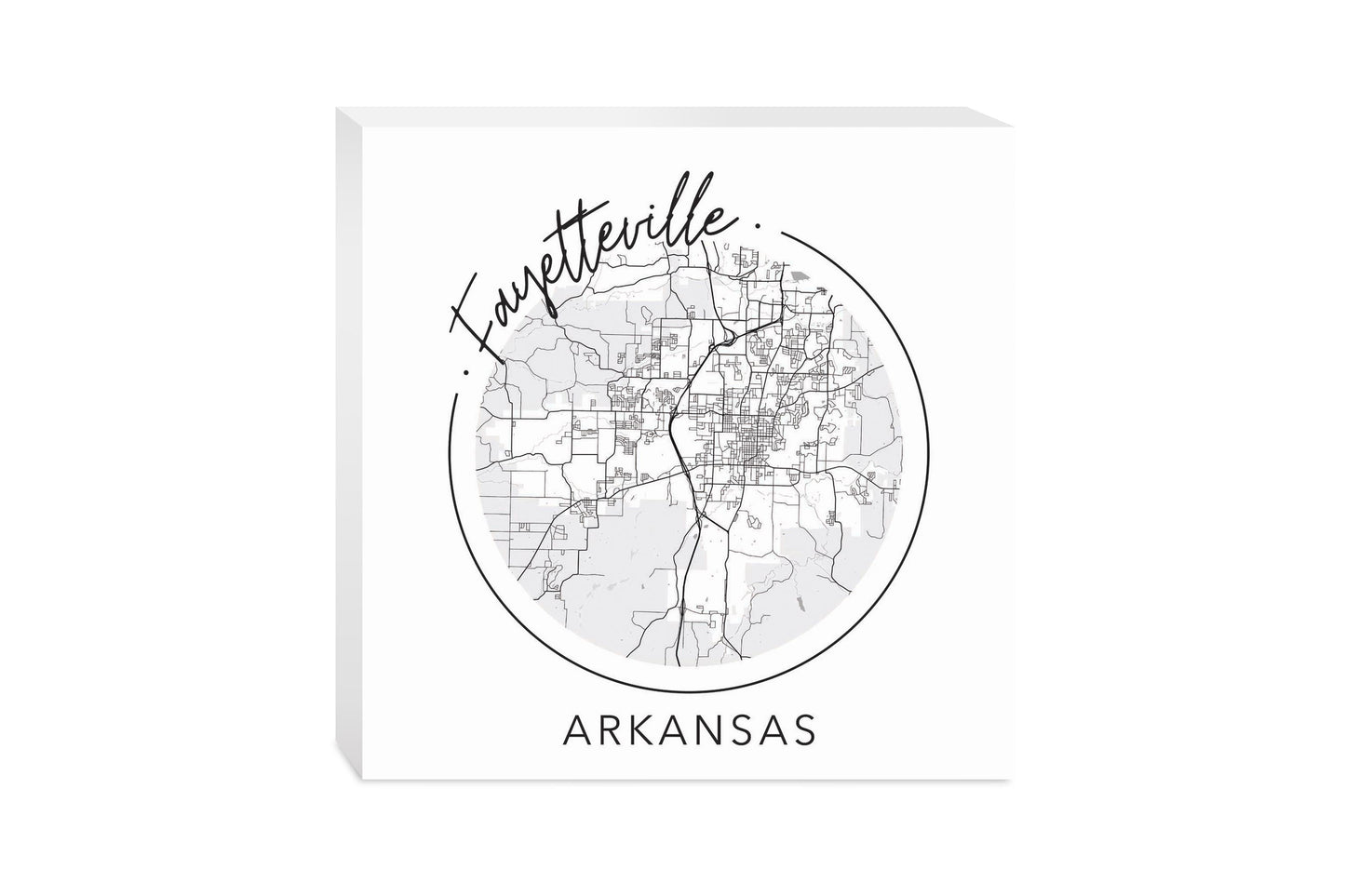 Minimalist B&W Arkansas Fayetteville Circle Map | Wood Block | Eaches | Min 2